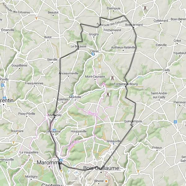 Miniature de la carte de l'inspiration cycliste "Boucle autour de Notre-Dame-de-Bondeville" dans la Haute-Normandie, France. Générée par le planificateur d'itinéraire cycliste Tarmacs.app