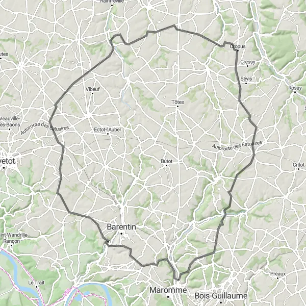 Miniature de la carte de l'inspiration cycliste "Boucle des Vallées" dans la Haute-Normandie, France. Générée par le planificateur d'itinéraire cycliste Tarmacs.app