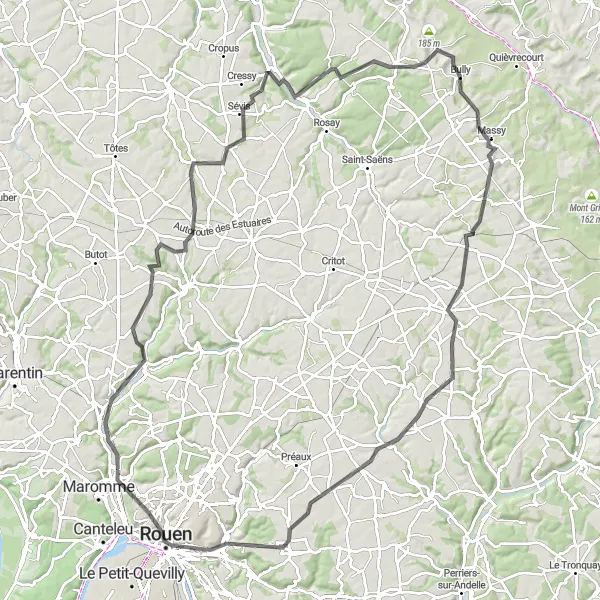 Miniature de la carte de l'inspiration cycliste "Challenge Caux" dans la Haute-Normandie, France. Générée par le planificateur d'itinéraire cycliste Tarmacs.app