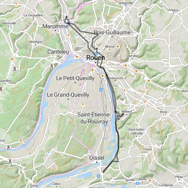 Miniature de la carte de l'inspiration cycliste "Boucle panoramique de Rouen" dans la Haute-Normandie, France. Générée par le planificateur d'itinéraire cycliste Tarmacs.app