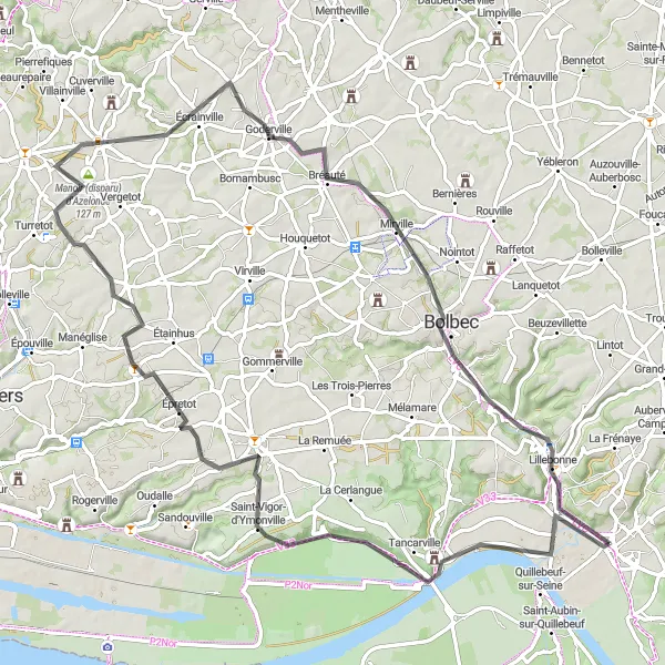 Miniature de la carte de l'inspiration cycliste "Circuit des Châteaux normands" dans la Haute-Normandie, France. Générée par le planificateur d'itinéraire cycliste Tarmacs.app