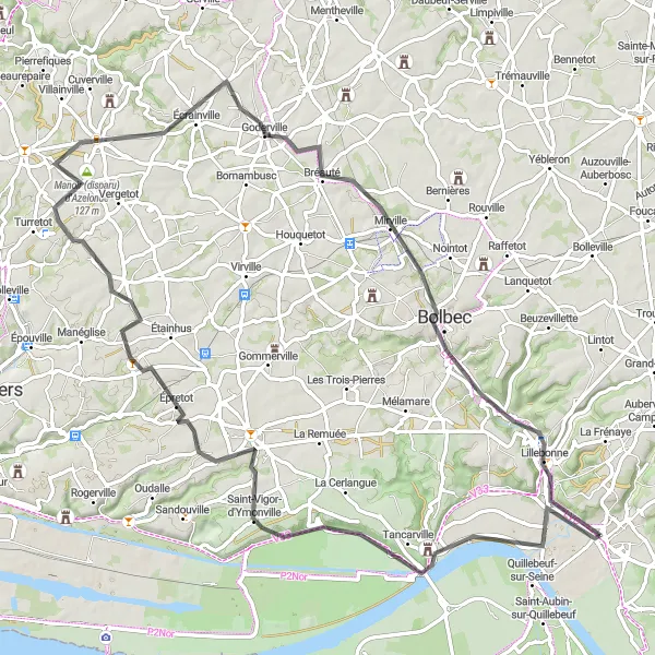 Map miniature of "The Hilly Adventure" cycling inspiration in Haute-Normandie, France. Generated by Tarmacs.app cycling route planner