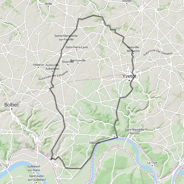 Miniature de la carte de l'inspiration cycliste "Tour des Vallées et routes normandes" dans la Haute-Normandie, France. Générée par le planificateur d'itinéraire cycliste Tarmacs.app