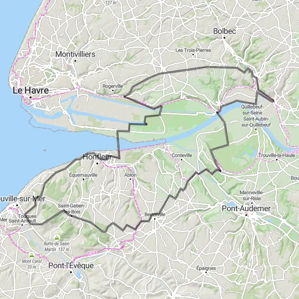 Miniature de la carte de l'inspiration cycliste "Boucle des Marais et Abbayes" dans la Haute-Normandie, France. Générée par le planificateur d'itinéraire cycliste Tarmacs.app