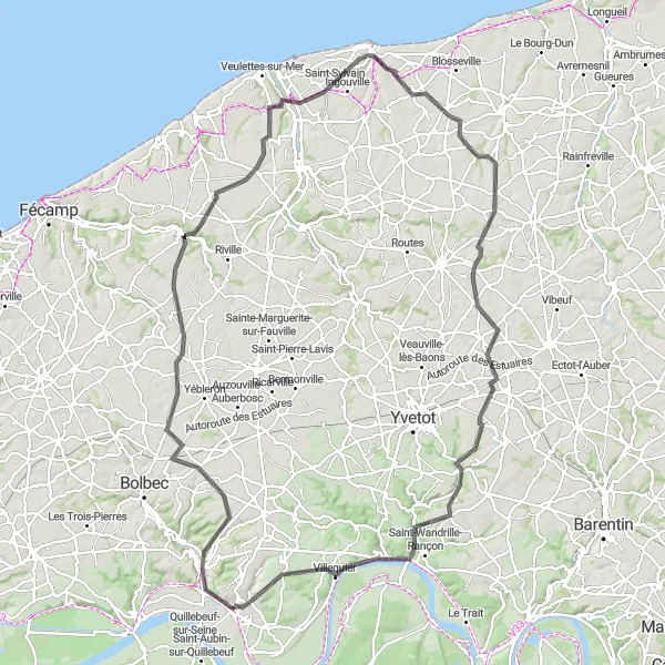 Map miniature of "The Valley Discovery" cycling inspiration in Haute-Normandie, France. Generated by Tarmacs.app cycling route planner