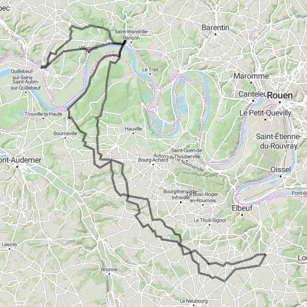 Miniature de la carte de l'inspiration cycliste "Parcours des Abbayes et Manoirs normands" dans la Haute-Normandie, France. Générée par le planificateur d'itinéraire cycliste Tarmacs.app
