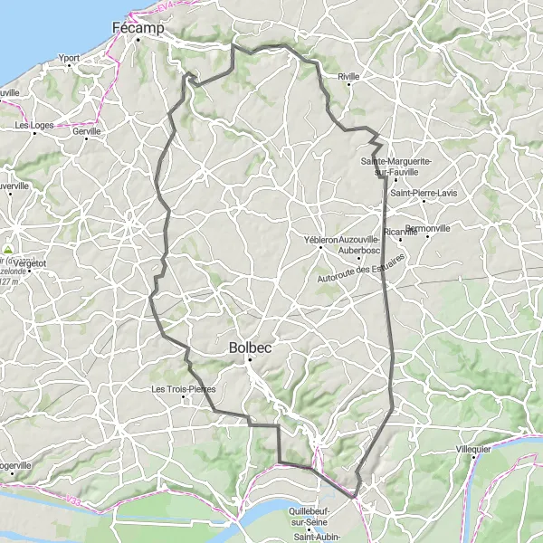 Miniature de la carte de l'inspiration cycliste "La Route des Falaises" dans la Haute-Normandie, France. Générée par le planificateur d'itinéraire cycliste Tarmacs.app