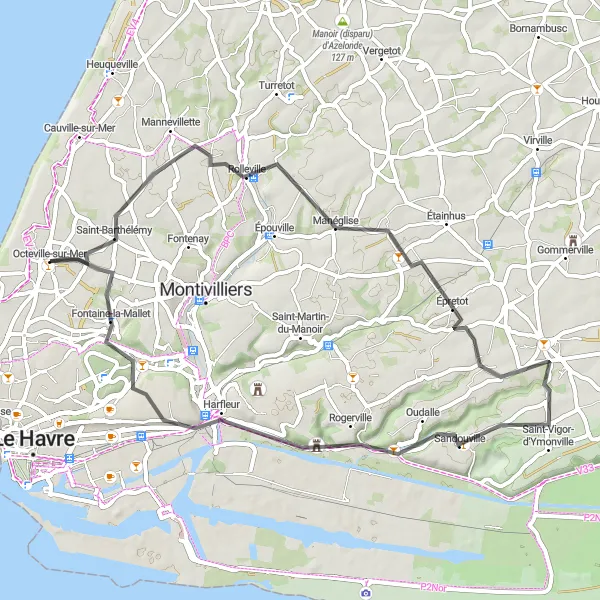 Map miniature of "The Rolleville Loop" cycling inspiration in Haute-Normandie, France. Generated by Tarmacs.app cycling route planner