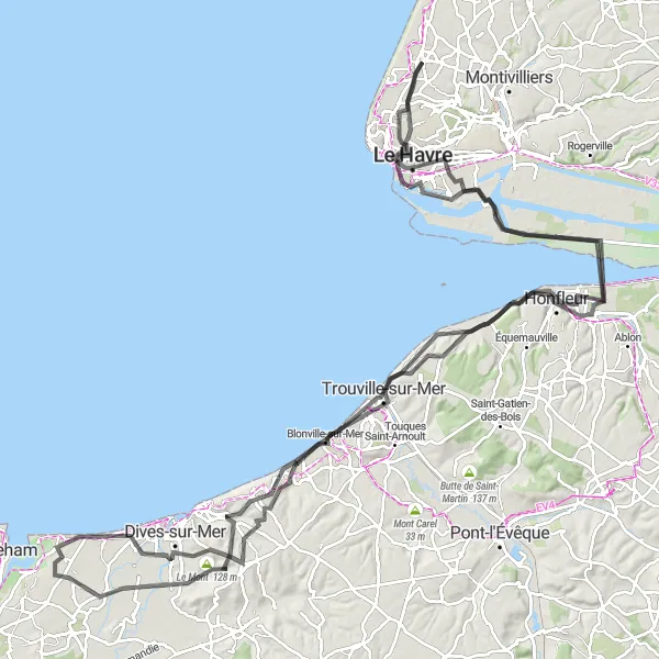 Map miniature of "The Coastal Delights" cycling inspiration in Haute-Normandie, France. Generated by Tarmacs.app cycling route planner