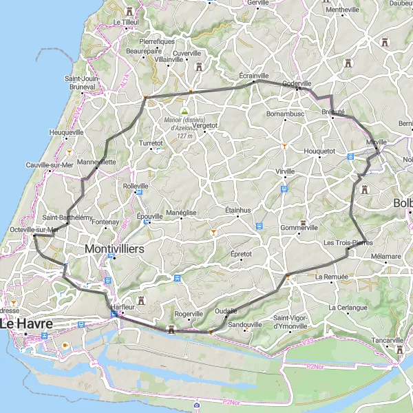 Map miniature of "The Octeville-sur-Mer Loop" cycling inspiration in Haute-Normandie, France. Generated by Tarmacs.app cycling route planner