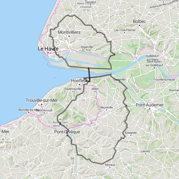 Map miniature of "Coastal Views and Nature Reserves" cycling inspiration in Haute-Normandie, France. Generated by Tarmacs.app cycling route planner