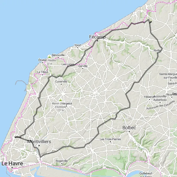 Miniature de la carte de l'inspiration cycliste "Circuit pittoresque à travers les collines normandes" dans la Haute-Normandie, France. Générée par le planificateur d'itinéraire cycliste Tarmacs.app