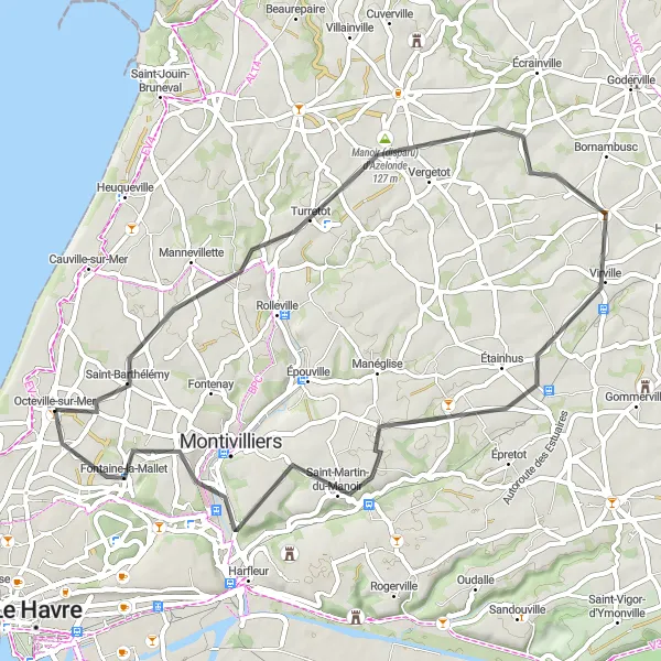 Map miniature of "Tranquil Routes and Hidden Gems" cycling inspiration in Haute-Normandie, France. Generated by Tarmacs.app cycling route planner
