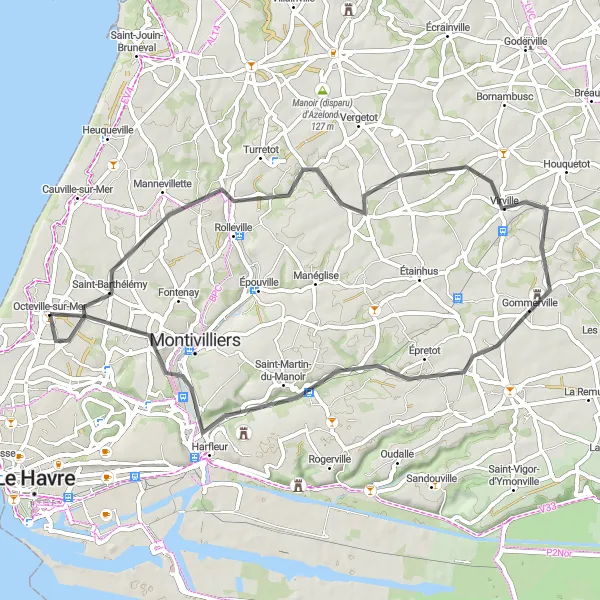 Miniature de la carte de l'inspiration cycliste "Parcours rafraîchissant le long de la côte normande" dans la Haute-Normandie, France. Générée par le planificateur d'itinéraire cycliste Tarmacs.app