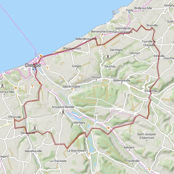 Map miniature of "Dieppe Coastal Adventure" cycling inspiration in Haute-Normandie, France. Generated by Tarmacs.app cycling route planner