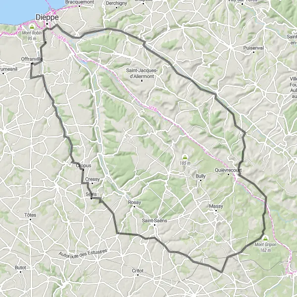 Miniature de la carte de l'inspiration cycliste "Les Vallées de Normandie" dans la Haute-Normandie, France. Générée par le planificateur d'itinéraire cycliste Tarmacs.app