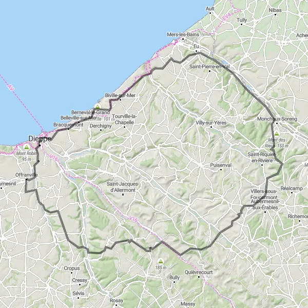 Map miniature of "Hills and Valleys" cycling inspiration in Haute-Normandie, France. Generated by Tarmacs.app cycling route planner