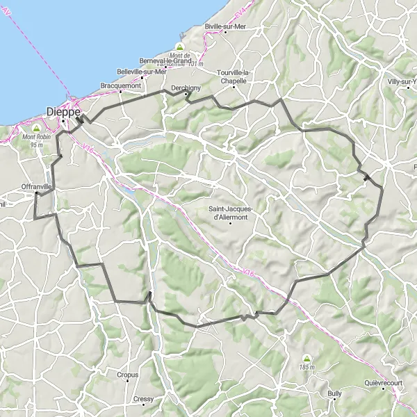 Miniature de la carte de l'inspiration cycliste "Parcours autour de Rouxmesnil-Bouteilles" dans la Haute-Normandie, France. Générée par le planificateur d'itinéraire cycliste Tarmacs.app