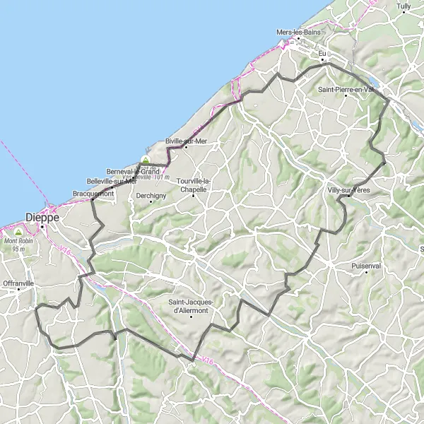 Map miniature of "The Coastal and Countryside Sampler" cycling inspiration in Haute-Normandie, France. Generated by Tarmacs.app cycling route planner