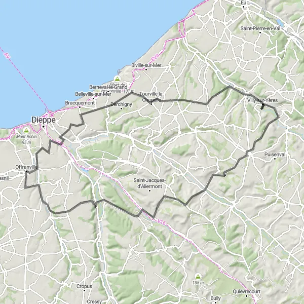 Miniature de la carte de l'inspiration cycliste "Boucle panoramique à travers les vallées normandes" dans la Haute-Normandie, France. Générée par le planificateur d'itinéraire cycliste Tarmacs.app