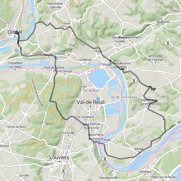 Map miniature of "Rouen to Le Vaudreuil Road Cycling Tour" cycling inspiration in Haute-Normandie, France. Generated by Tarmacs.app cycling route planner