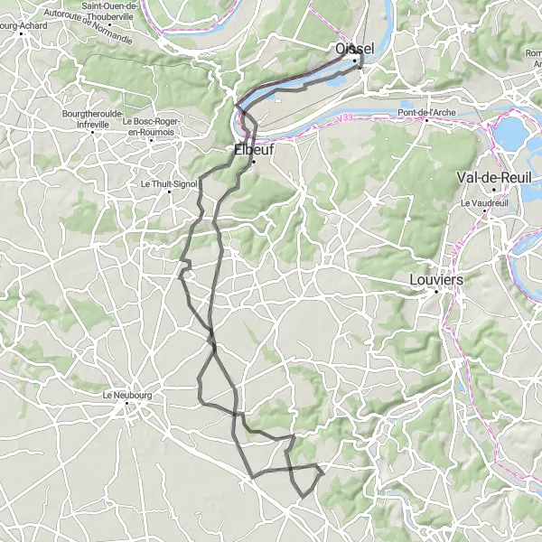 Miniature de la carte de l'inspiration cycliste "Le Circuit des Villages Normands" dans la Haute-Normandie, France. Générée par le planificateur d'itinéraire cycliste Tarmacs.app