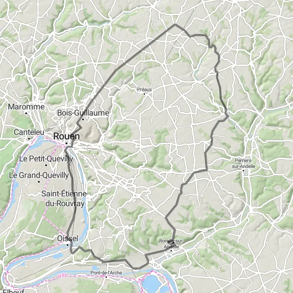 Miniature de la carte de l'inspiration cycliste "Les Collines Rouennaises" dans la Haute-Normandie, France. Générée par le planificateur d'itinéraire cycliste Tarmacs.app