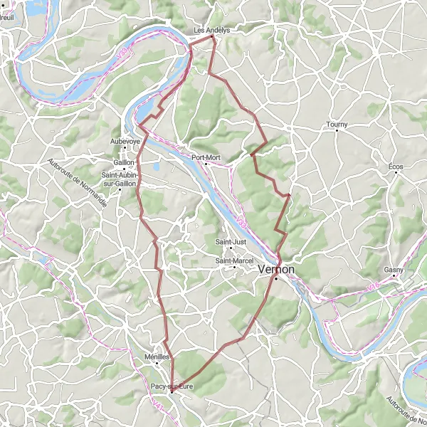 Map miniature of "From Pacy-sur-Eure to Les Andelys and back" cycling inspiration in Haute-Normandie, France. Generated by Tarmacs.app cycling route planner