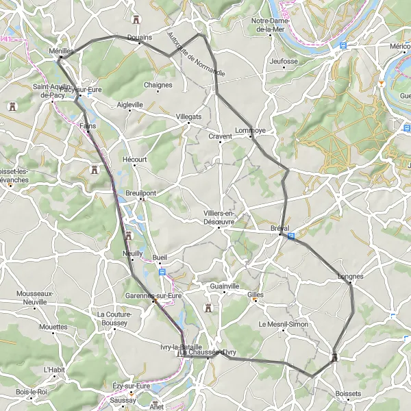 Map miniature of "From Pacy-sur-Eure to Flins-Neuve-Eglise and back" cycling inspiration in Haute-Normandie, France. Generated by Tarmacs.app cycling route planner