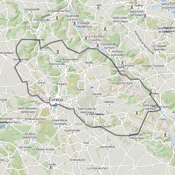 Miniature de la carte de l'inspiration cycliste "Les Vallons de l'Iton" dans la Haute-Normandie, France. Générée par le planificateur d'itinéraire cycliste Tarmacs.app