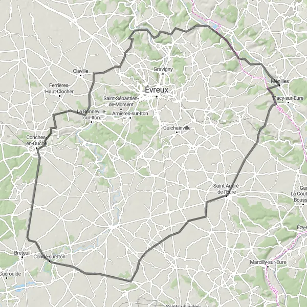 Map miniature of "Discover the Eure Valley" cycling inspiration in Haute-Normandie, France. Generated by Tarmacs.app cycling route planner