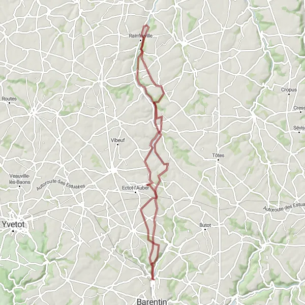 Miniature de la carte de l'inspiration cycliste "Itinéraire gravel de 65km vers Pavilly" dans la Haute-Normandie, France. Générée par le planificateur d'itinéraire cycliste Tarmacs.app