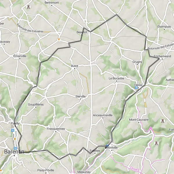 Miniature de la carte de l'inspiration cycliste "Parcours pittoresque entre Beautot et Mont Géricault" dans la Haute-Normandie, France. Générée par le planificateur d'itinéraire cycliste Tarmacs.app