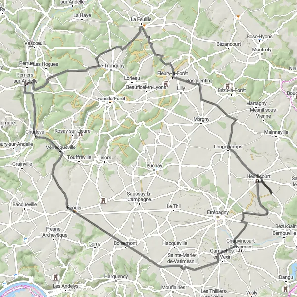 Map miniature of "Manoir de Colmont and Perriers-sur-Andelle Loop" cycling inspiration in Haute-Normandie, France. Generated by Tarmacs.app cycling route planner