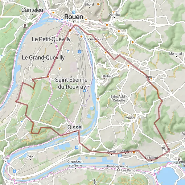 Miniature de la carte de l'inspiration cycliste "Parcours de gravel vers Petit-Couronne" dans la Haute-Normandie, France. Générée par le planificateur d'itinéraire cycliste Tarmacs.app