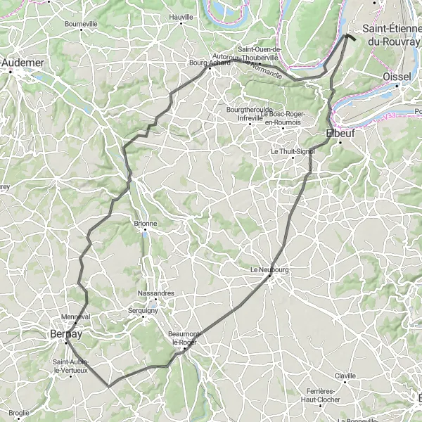 Miniature de la carte de l'inspiration cycliste "Circuit de la Vallée de l'Eure" dans la Haute-Normandie, France. Générée par le planificateur d'itinéraire cycliste Tarmacs.app