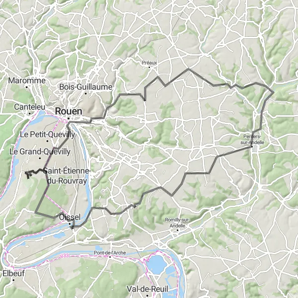 Miniature de la carte de l'inspiration cycliste "Escapade vers Ry et Oissel" dans la Haute-Normandie, France. Générée par le planificateur d'itinéraire cycliste Tarmacs.app