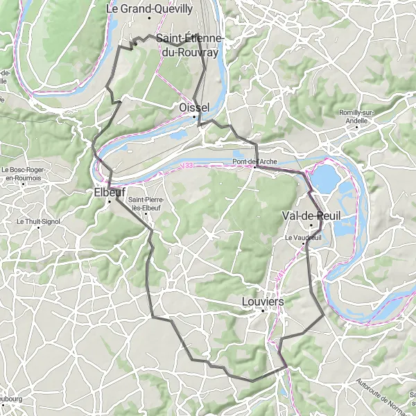Map miniature of "Challenging Road Ride to Val-de-Reuil" cycling inspiration in Haute-Normandie, France. Generated by Tarmacs.app cycling route planner