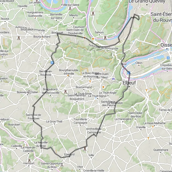 Miniature de la carte de l'inspiration cycliste "Boucle vers Saint-Aubin-lès-Elbeuf et Val-de-la-Haye" dans la Haute-Normandie, France. Générée par le planificateur d'itinéraire cycliste Tarmacs.app