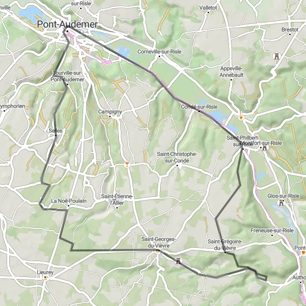 Map miniature of "Saint-Grégoire-du-Vièvre and La Noë-Poulain" cycling inspiration in Haute-Normandie, France. Generated by Tarmacs.app cycling route planner