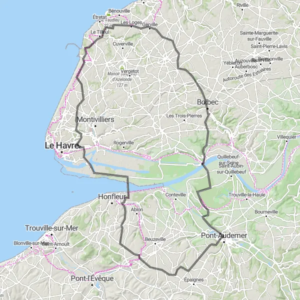 Map miniature of "The Lande-Saint-Léger Circuit" cycling inspiration in Haute-Normandie, France. Generated by Tarmacs.app cycling route planner