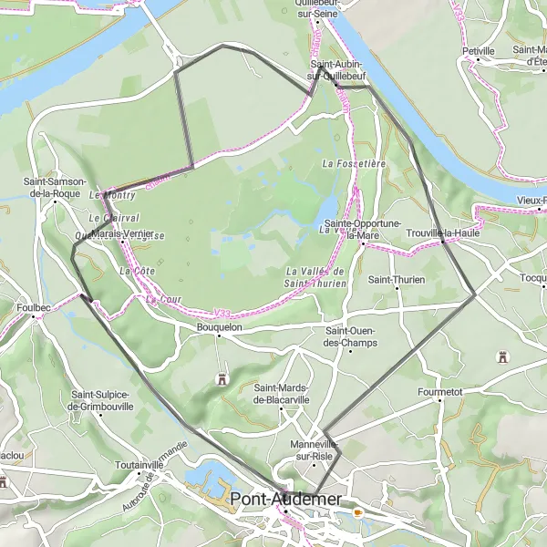 Map miniature of "Côtes de Pont-Audemer" cycling inspiration in Haute-Normandie, France. Generated by Tarmacs.app cycling route planner