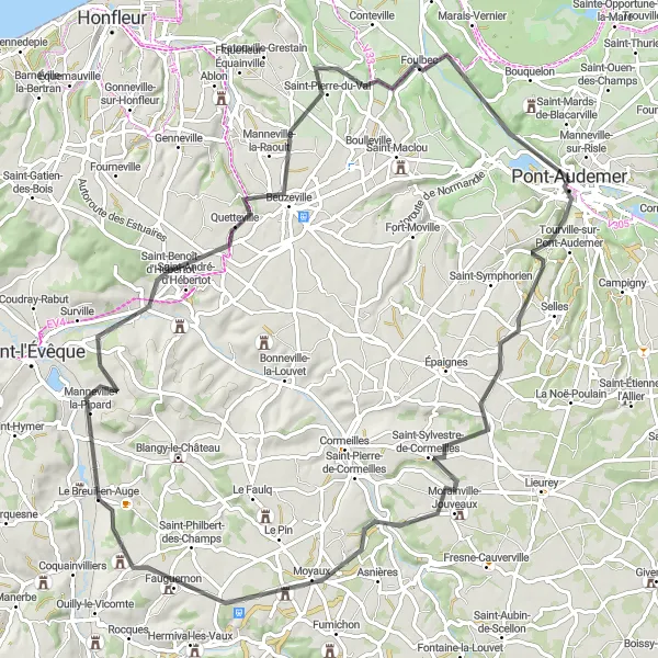 Map miniature of "Morainville-Jouveaux and Saint-Julien-sur-Calonne" cycling inspiration in Haute-Normandie, France. Generated by Tarmacs.app cycling route planner