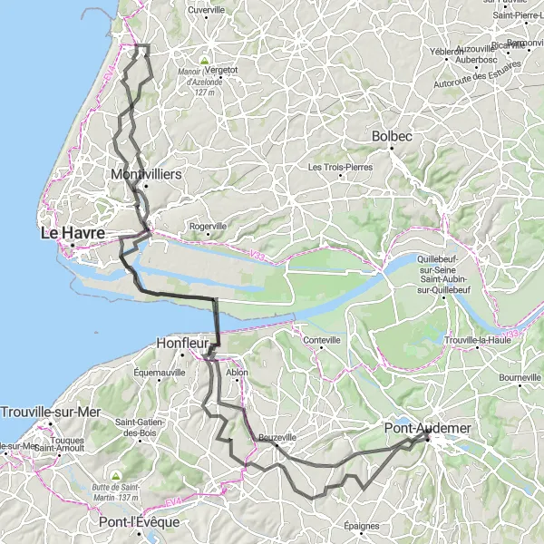 Map miniature of "Coastal Escape" cycling inspiration in Haute-Normandie, France. Generated by Tarmacs.app cycling route planner