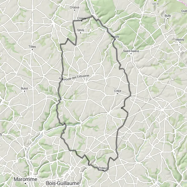 Miniature de la carte de l'inspiration cycliste "Boucle des Forêts Normandes" dans la Haute-Normandie, France. Générée par le planificateur d'itinéraire cycliste Tarmacs.app