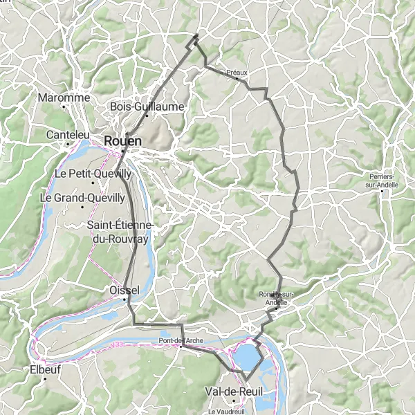 Miniature de la carte de l'inspiration cycliste "Boucle pittoresque autour de Quincampoix" dans la Haute-Normandie, France. Générée par le planificateur d'itinéraire cycliste Tarmacs.app
