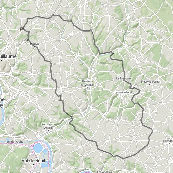 Map miniature of "The Andelle Valley Loop" cycling inspiration in Haute-Normandie, France. Generated by Tarmacs.app cycling route planner