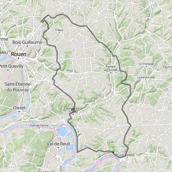 Map miniature of "The Les Andelys Adventure" cycling inspiration in Haute-Normandie, France. Generated by Tarmacs.app cycling route planner