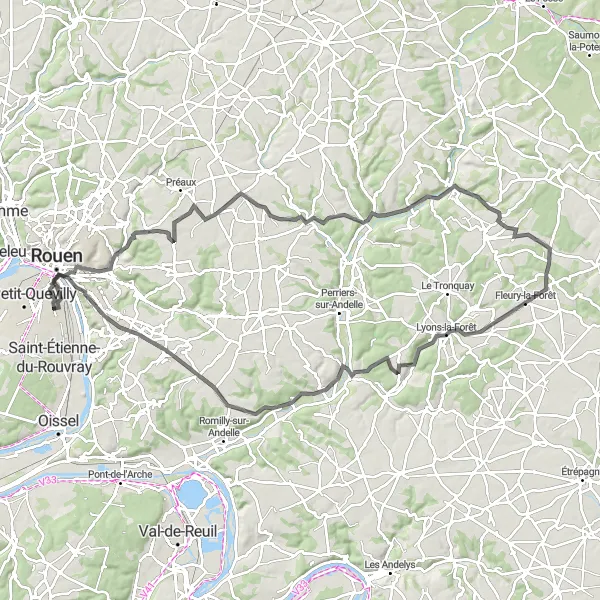 Miniature de la carte de l'inspiration cycliste "Boucle des Vallées de l'Andelle et de l'Yères" dans la Haute-Normandie, France. Générée par le planificateur d'itinéraire cycliste Tarmacs.app