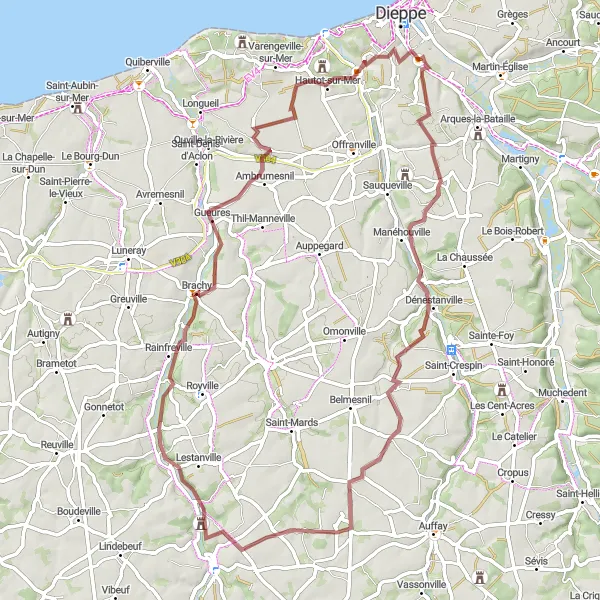Miniature de la carte de l'inspiration cycliste "Boucle des Chemins de Terre" dans la Haute-Normandie, France. Générée par le planificateur d'itinéraire cycliste Tarmacs.app